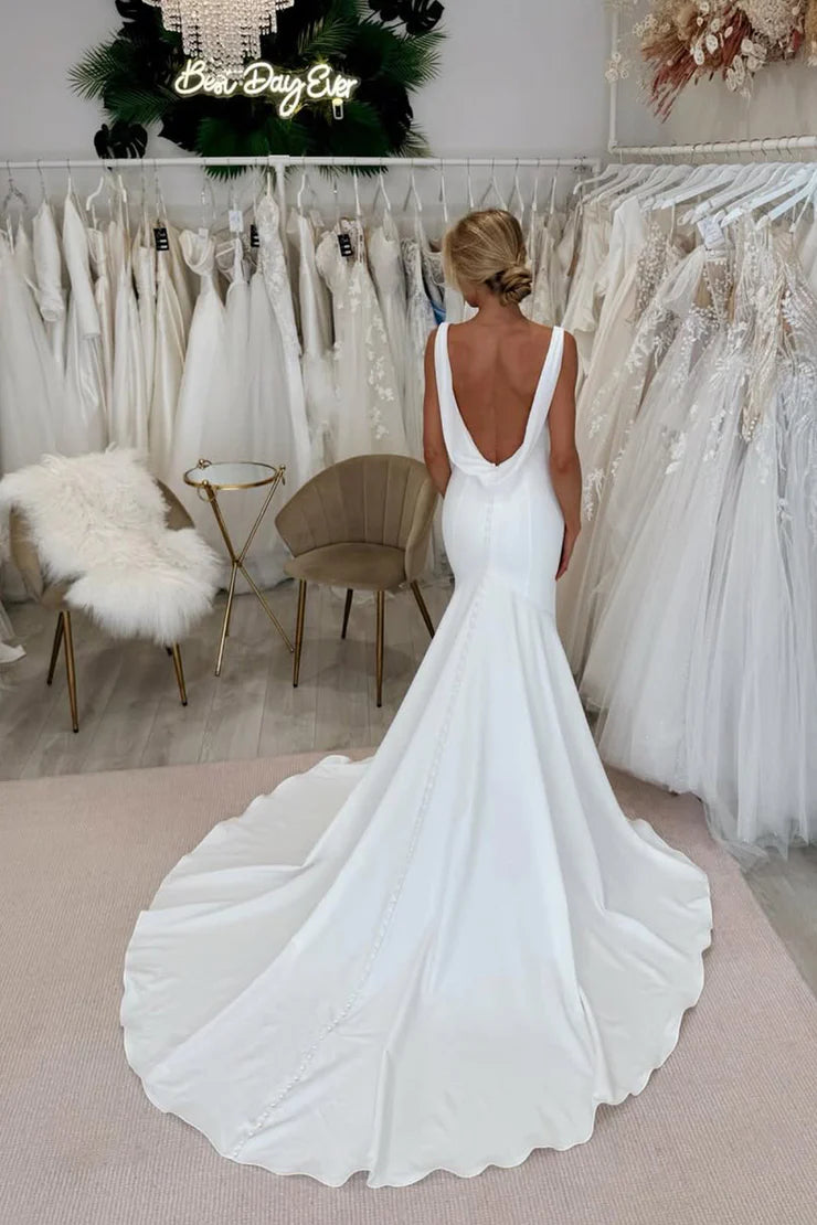 Simple Mermaid V Neck Elastic Satin Wedding Dresses with Train