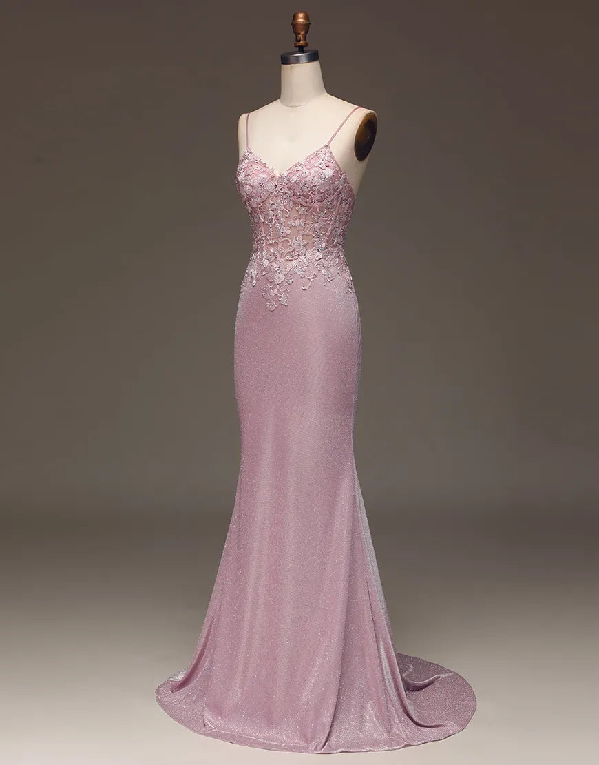 Pink sequin long suspender mermaid pearl decal party dress