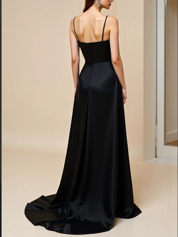 Black A Line Spaghetti Straps Satin Long Prom Dress