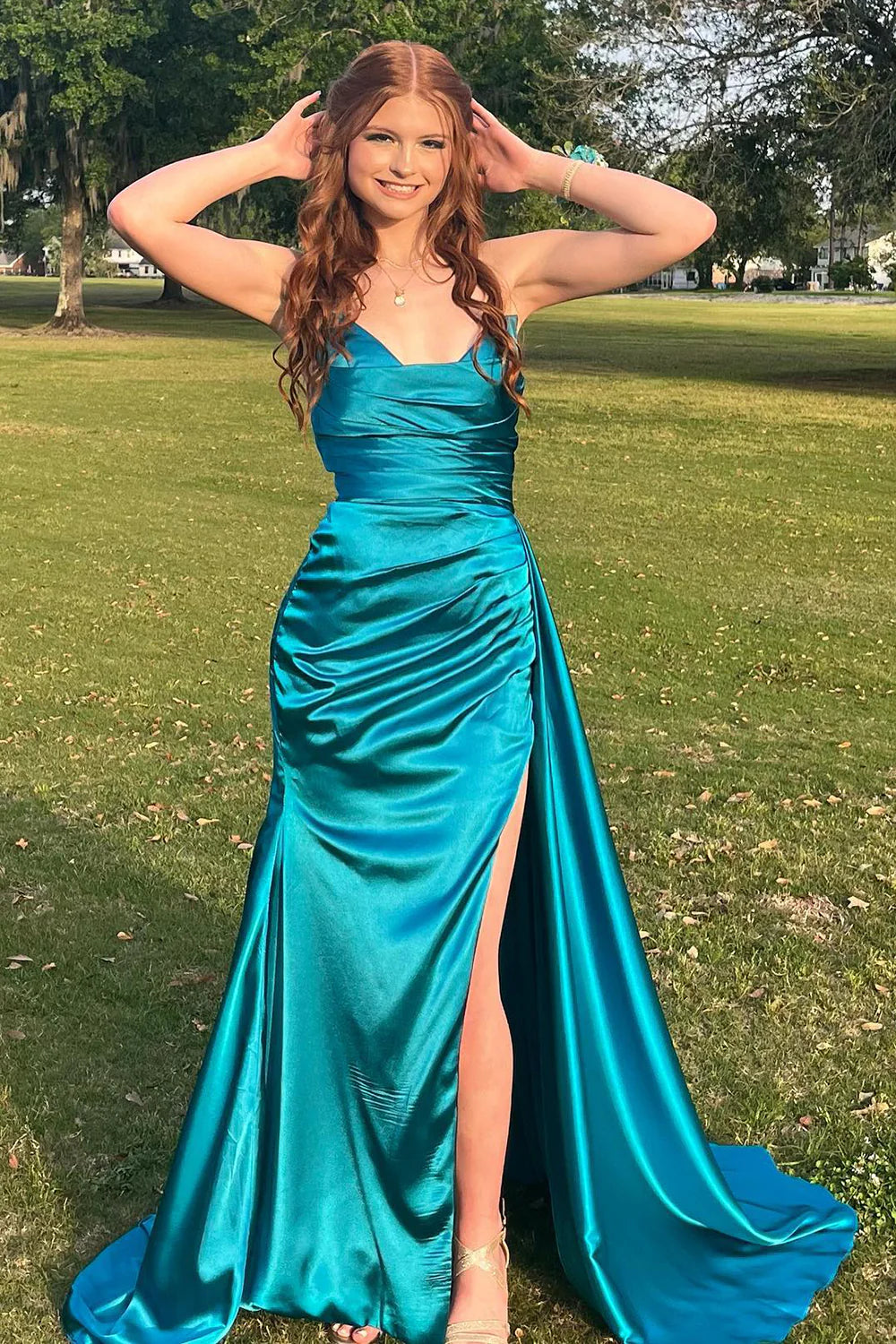 Peacock Green Sheath Sweetheart Long Split Ball Dress