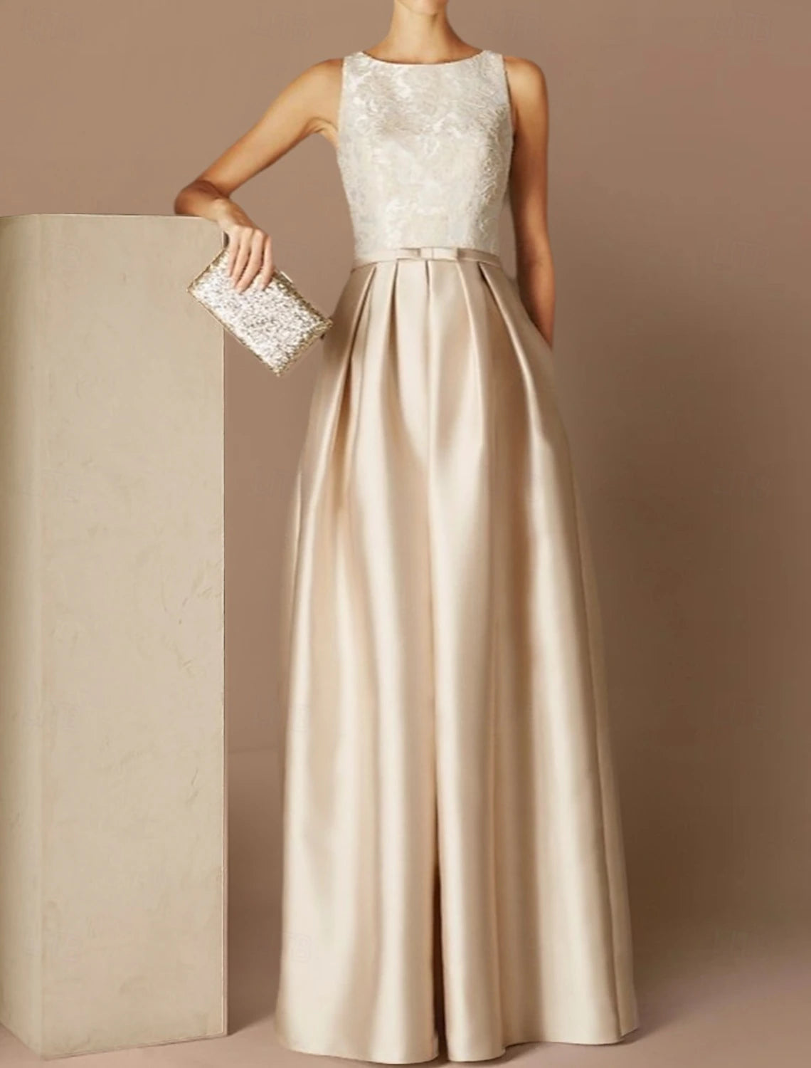 Beach Wedding A-Line Evening Gown Elegant Dress Formal Evening Floor Length Sleeveless Jewel Neck Fall Wedding Guest Satin with Sash / Ribbon Pleats Appliques