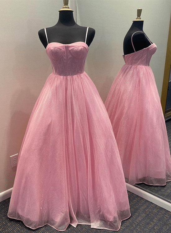 Pink Straps Tulle Sweetheart Long Prom DressPink Party Dress Formal Dress