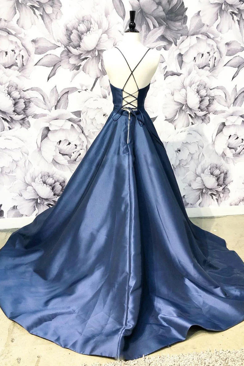 Simple v neck dark blue long prom dress blue evening dress