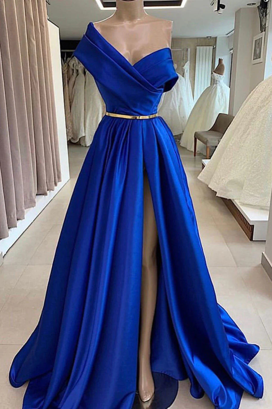Blue satin long prom dress blue long evening dress