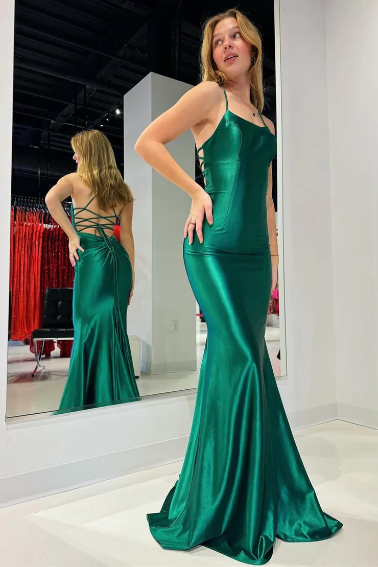 Mermaid Round Neck Deep Green Satin Long Ball Dress