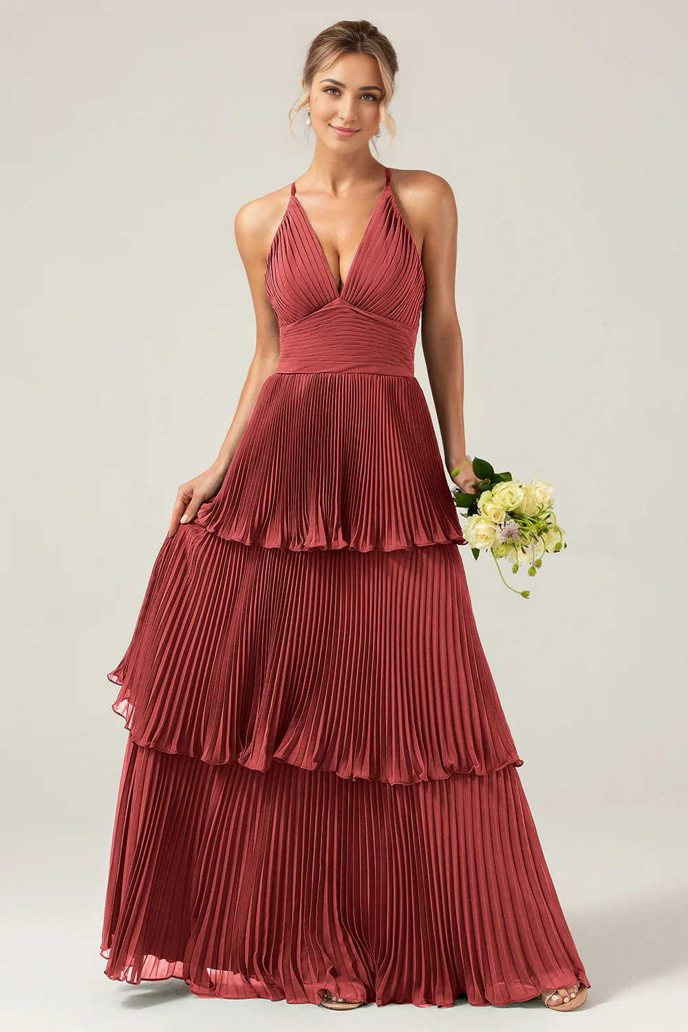 DingJiDress A-Line Wedding Guest Dresses Halter Tiered Floor Length Chiffon Long Bridesmaid Dress