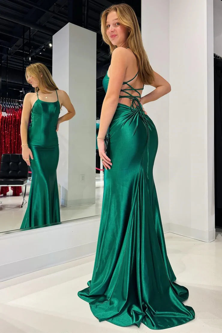 Mermaid Round Neck Deep Green Satin Long Ball Dress