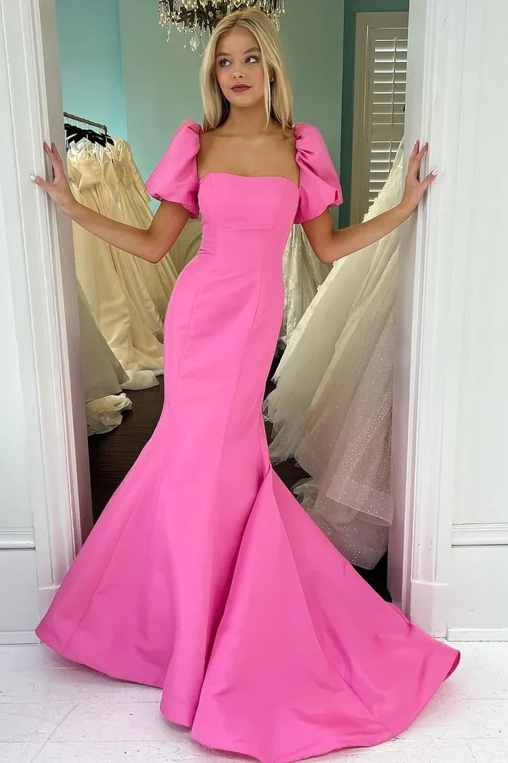 Charming Mermaid Square Neck Pink Satin Prom Dress