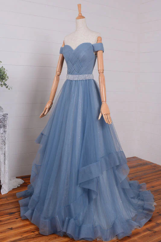 Blue tulle long off shoulder long prom dress tulle evening dress