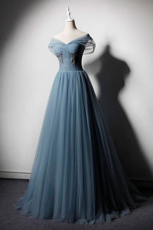 Blue tulle off shoulder long prom dress blue tulle evening dress