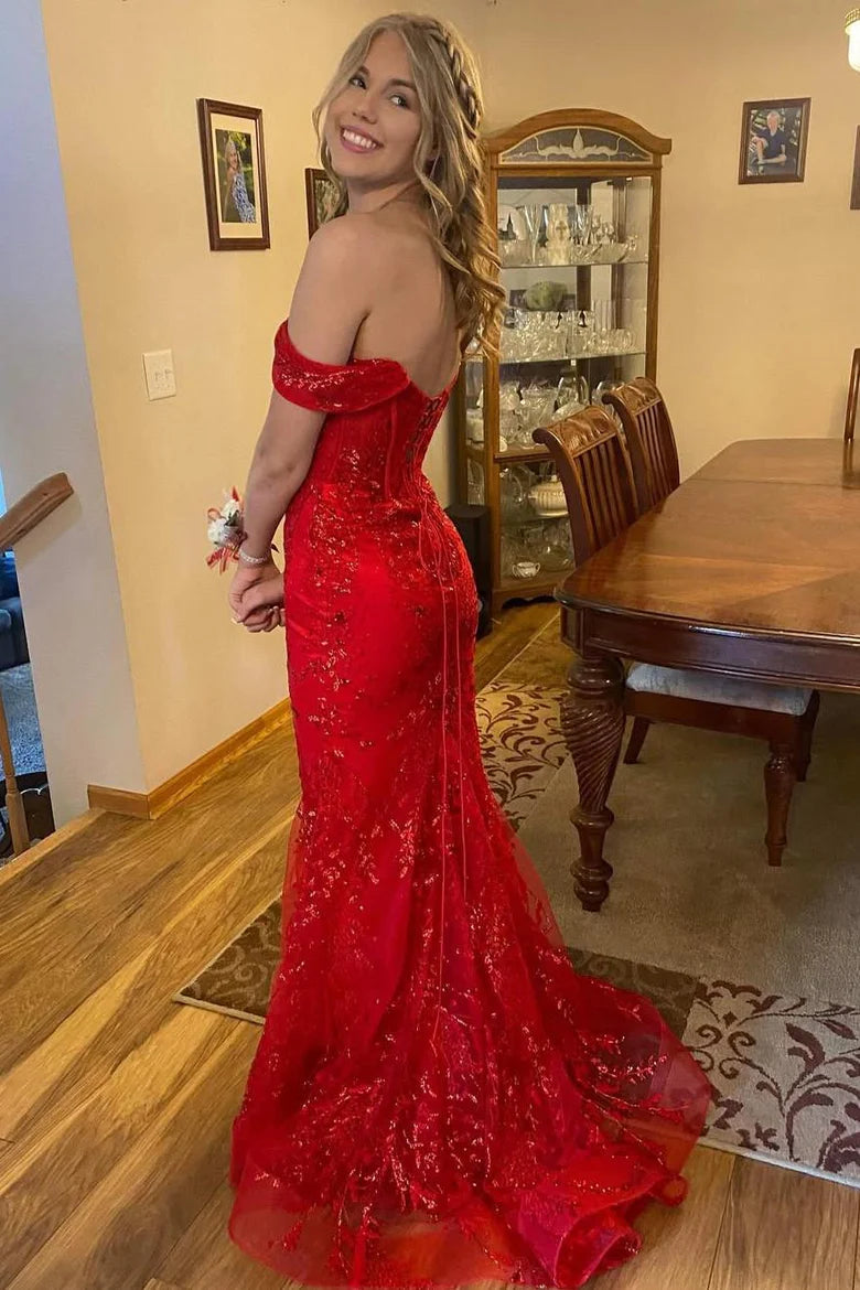 Red Off-Shoulder Sweetheart Appliques Mermaid Long Formal Prom Dress ﻿