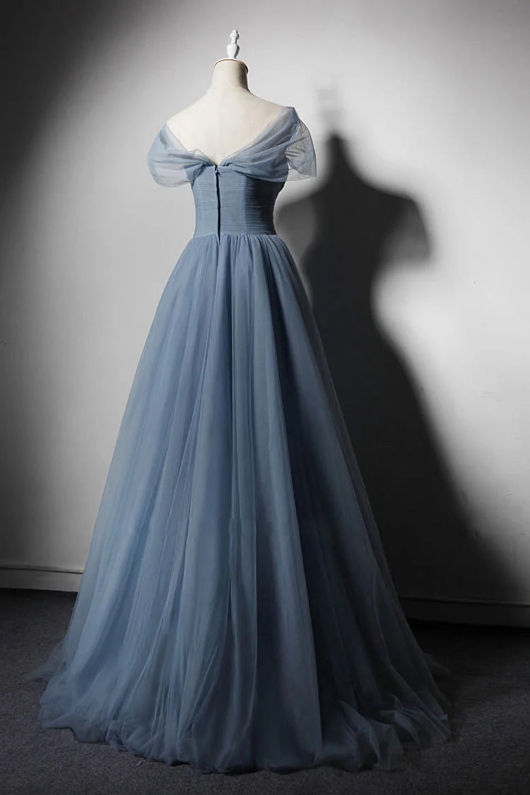 Blue tulle off shoulder long prom dress blue tulle evening dress