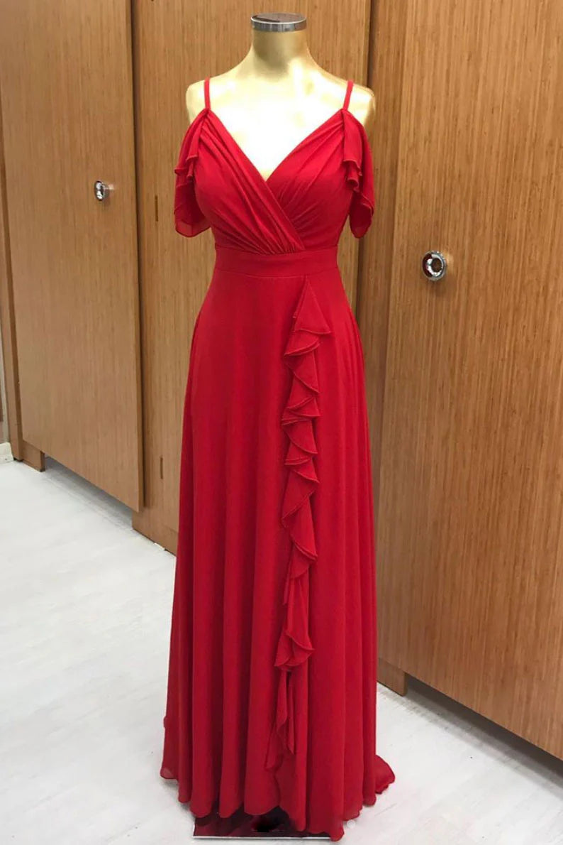 Red chiffon long prom dress red chiffon evening dress