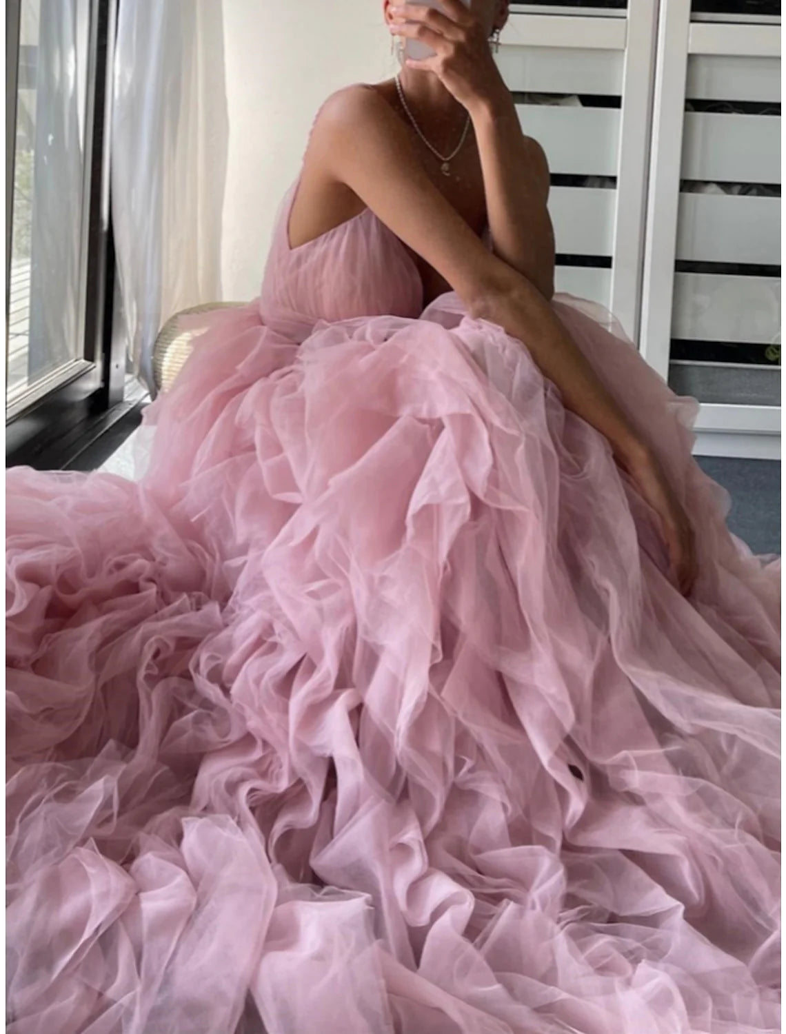 Pink Long Irregular Strap Mesh Ball Evening Dress