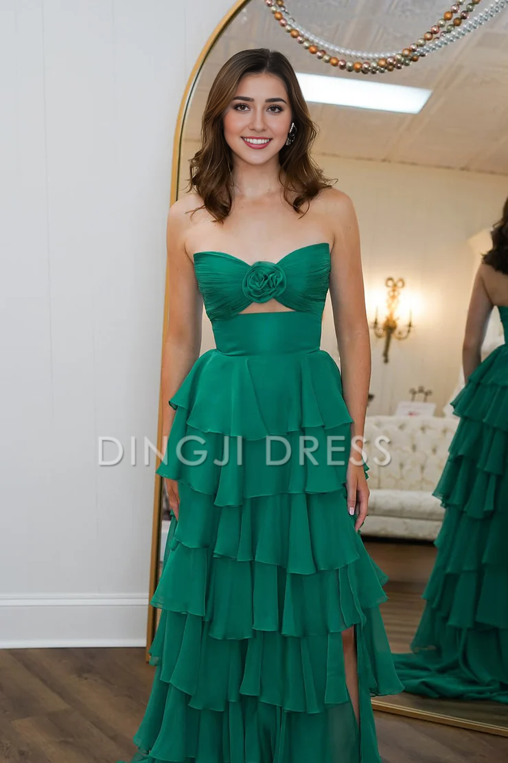 DingJiDress Cute A Line V Neck Pleated Bodice Chiffon Tiered with Slit Prom Dress