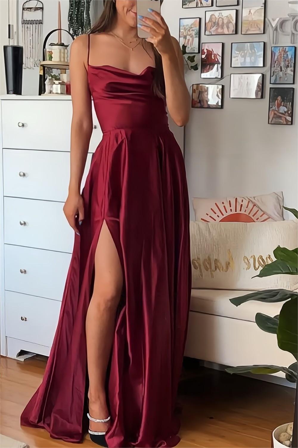 DingJiDress A Line Spaghetti Straps Backless Long Split Front Elegant Simple Prom Dress