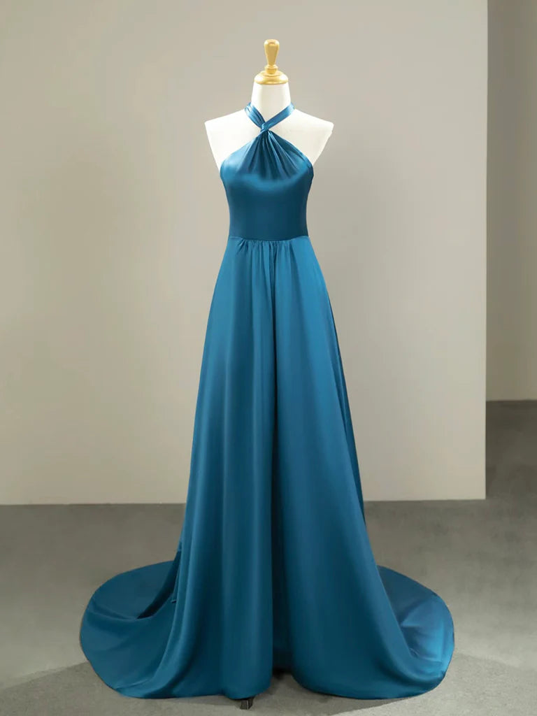 Simple Satin Blue Long Prom Dress Blue Long Formal Dress