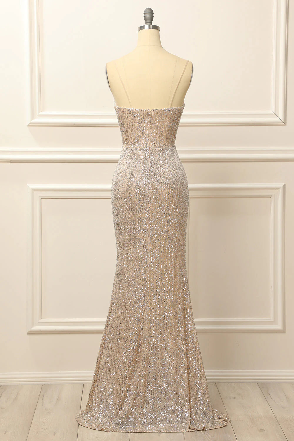 Silver sequin long slit backless ball dress