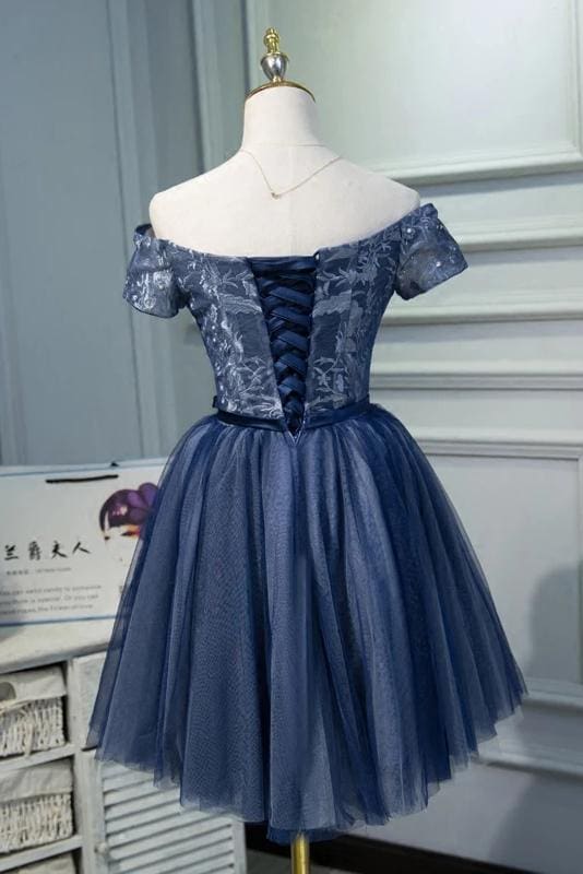 DingJiDress Short Prom Dress A Line Off The Shoulder Tulle Belt Cute Graduation Dress Applique Exquisite Homecoming Dress