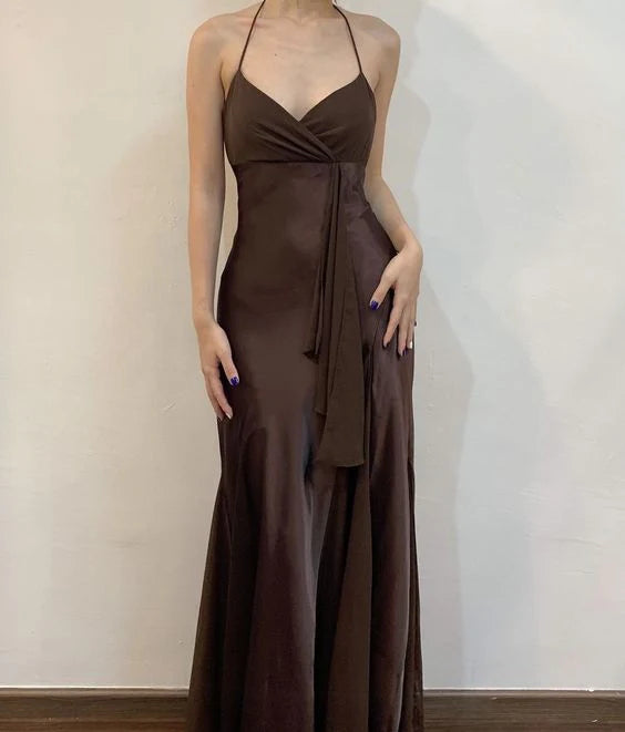 Spaghetti Straps Coffee Brown Formal Party Dress