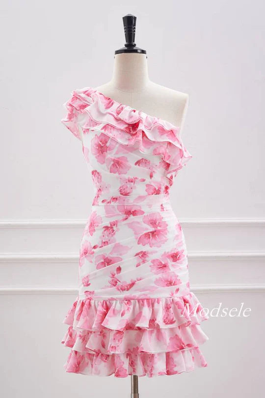 Pink Floral Print One Shoulder Tight Ruffle Homecoming Dress