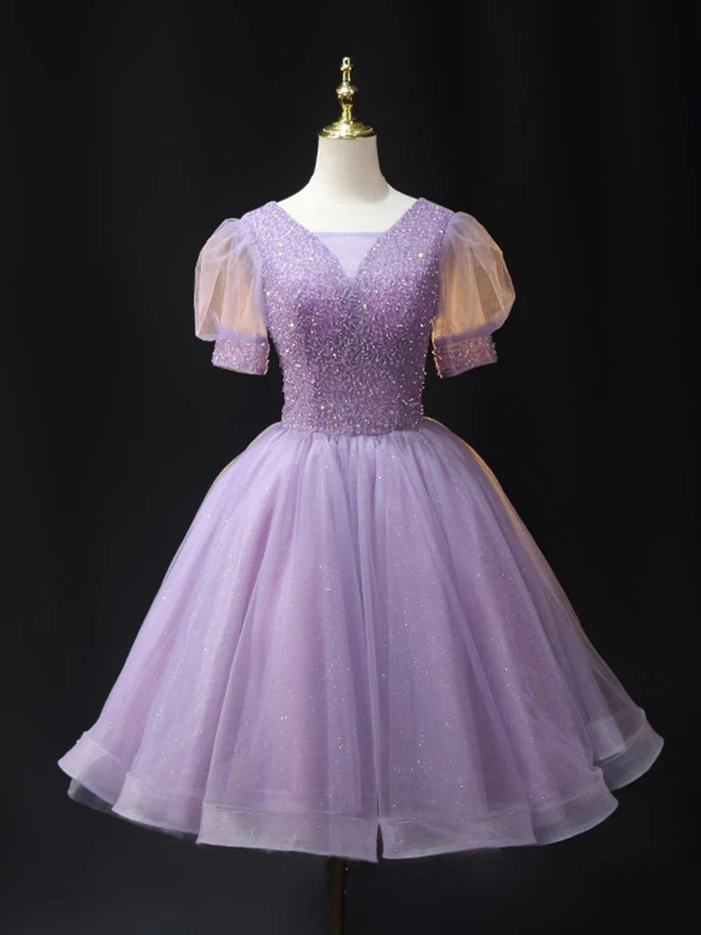 Purple V Neck Tulle Beading Sequin Short Prom Dress  Purple Homecoming Dress