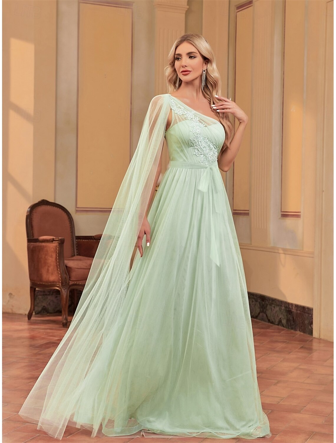 A-Line Quinceanera Dresses Elegant Dress Wedding Wedding Guest Floor Length Sleeveless One Shoulder Chiffon with Appliques