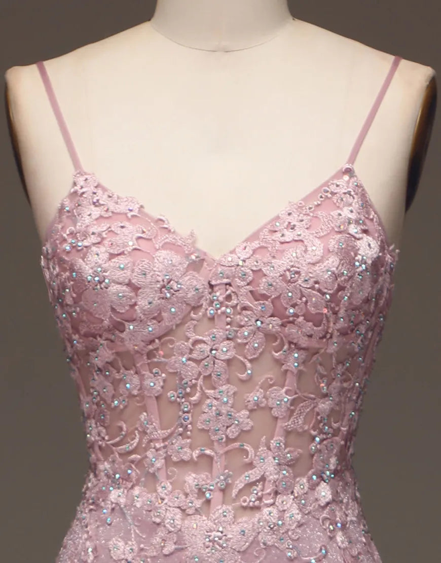 Pink sequin long suspender mermaid pearl decal party dress