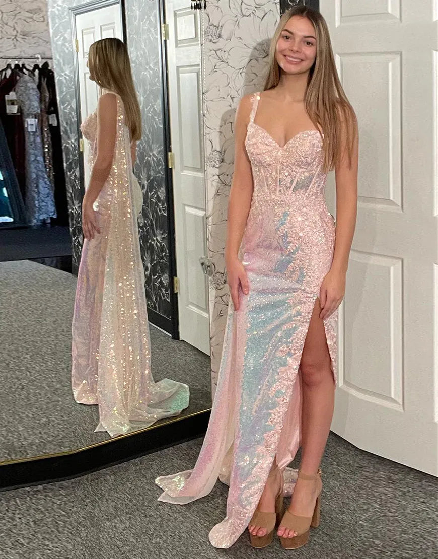 Light pink long slit mermaid sequin sticker dance party dress