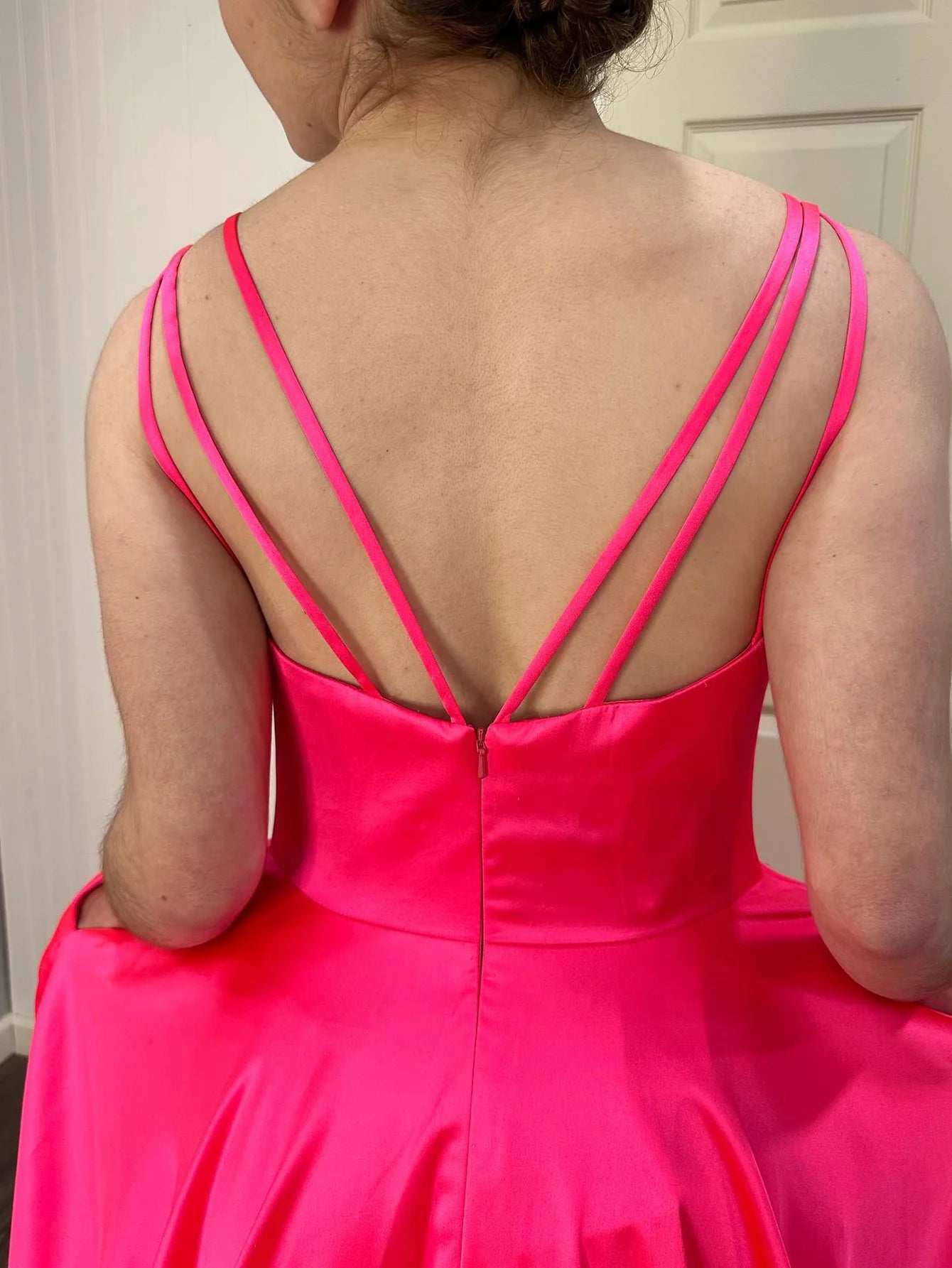 Hot Pink A-line Version V-neck Long Split Ball Dress