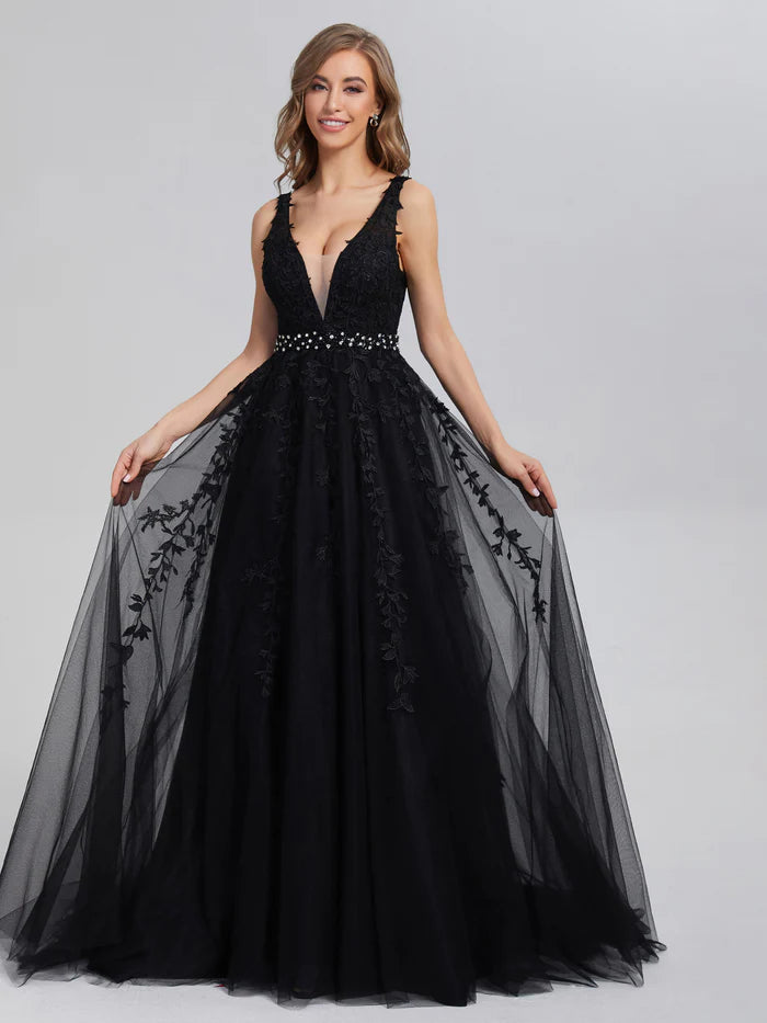 V-neck Backless Appliques Satin Prom Dresses