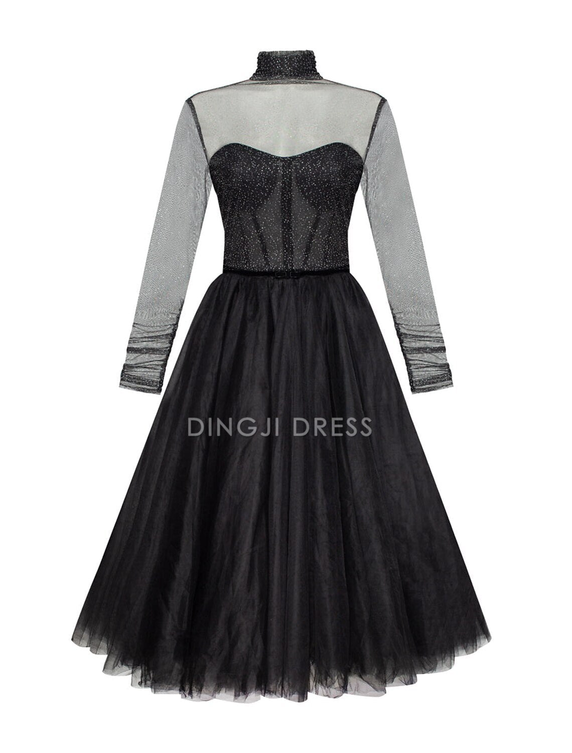 DingJiDress Hot Sale Short Prom Dress Elegant A-Line Cocktail Dresses Wedding Guest Knee Length Long Sleeve High Neck Tulle with Pleats Pure Color Charming New Homecoming Dress