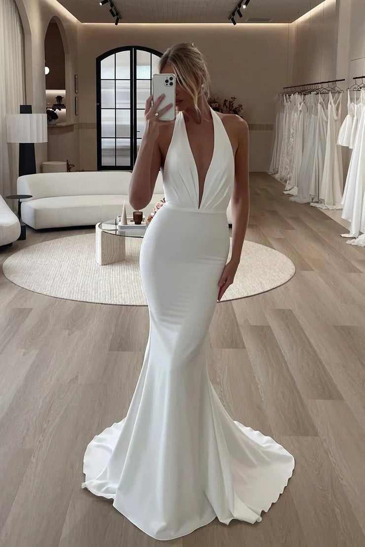 Elegant Mermaid Deep V Neck Stretch Satin Wedding Dresses