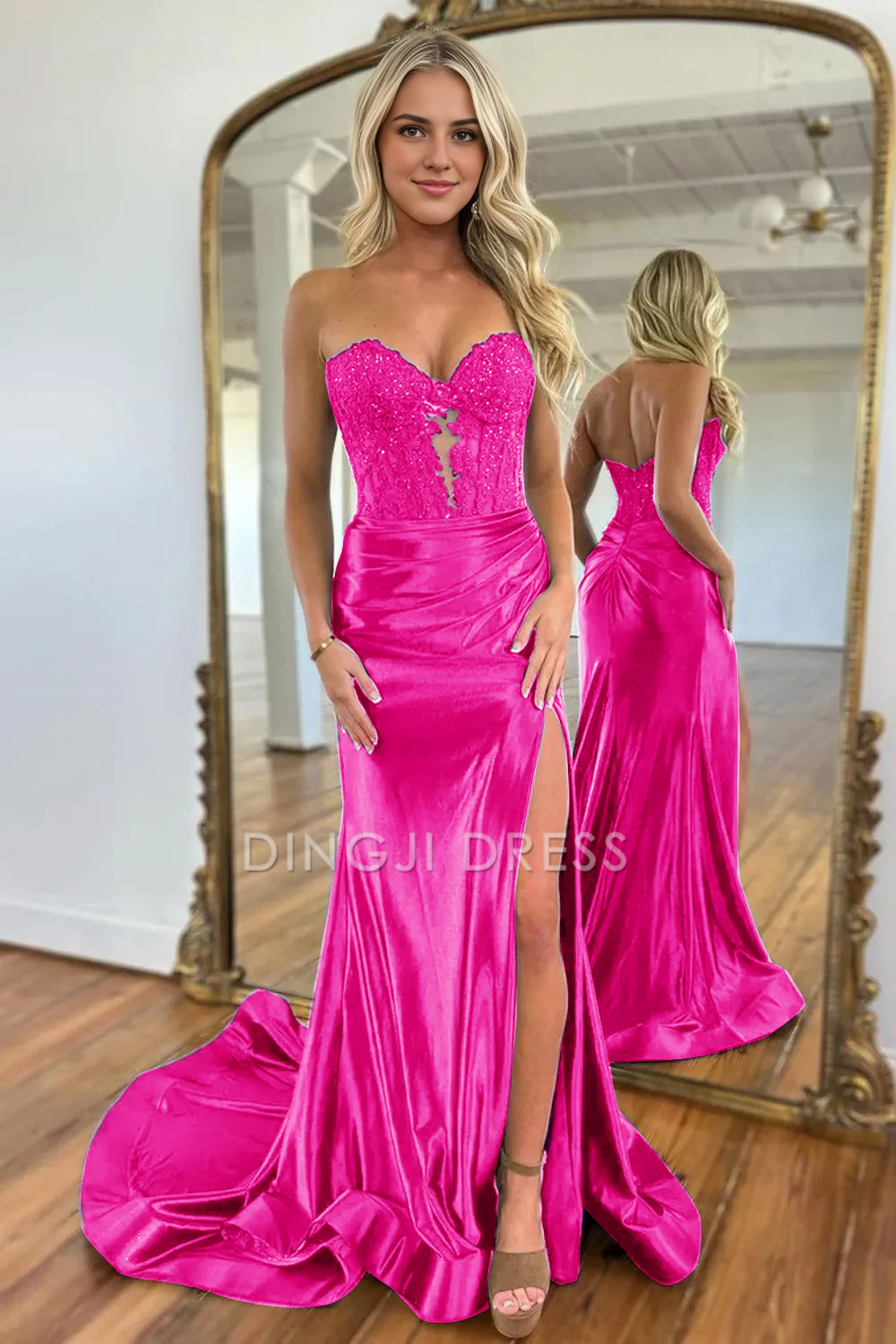 DingJiDress Sweetheart Mermaid Long Satin Pleated With Split Elegant Prom Dress
