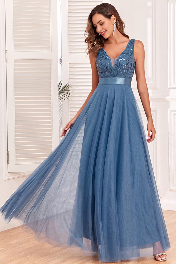 Spliced Elastic Waist Sleeveless V Neck Evening Dress Tulle Embroidery Long Party Dress
