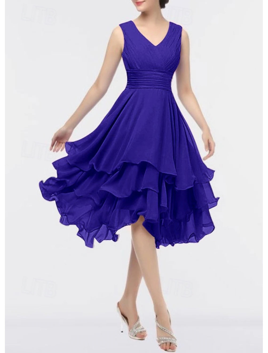 Beach Wedding A-Line Wedding Guest Dresses Party Dress Homecoming Dress Asymmetrical Sleeveless V Neck Chiffon with Ruched Tiered dress to impress Derby Dresses