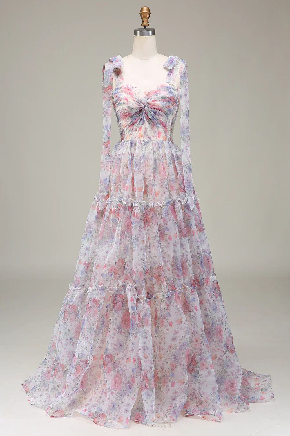 DingJiDress A-Line Spaghetti Straps Lilac Flower Printed Prom Dress