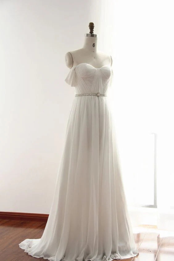 White sweetheart neck chiffon long prom dress white bridesmaid dress