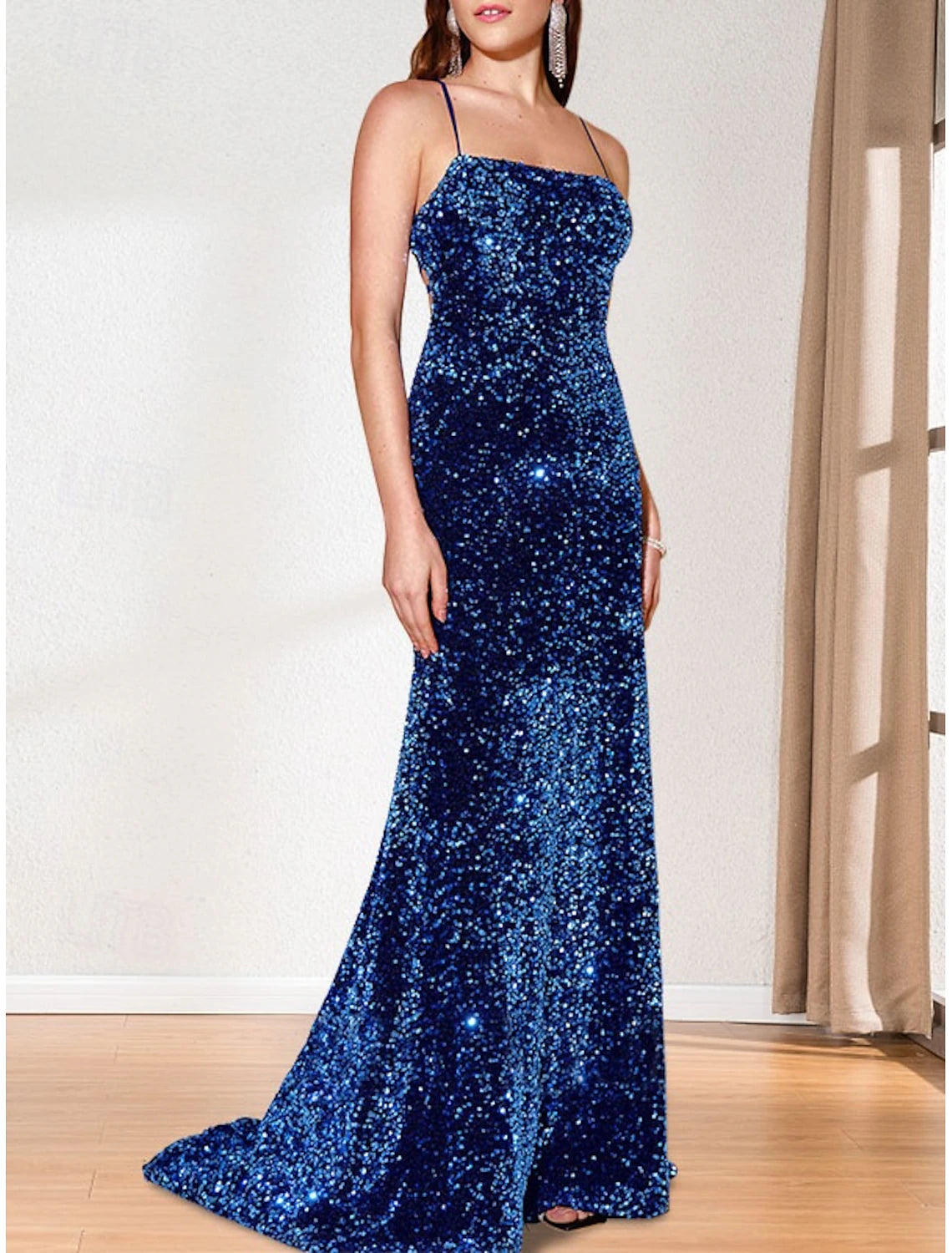 Mermaid Trumpet Mother of the Bride Dress Formal Evening Church Elegant Sparkle &amp; Shine Open Back Spaghetti Strap Strapless Straight Neckline Sweep Brush Train Satin Spandex Sleeveless