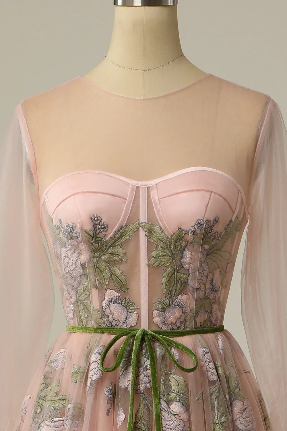DingJiDress A Line Jewel Light Nude Long Prom Dress with Embroidery