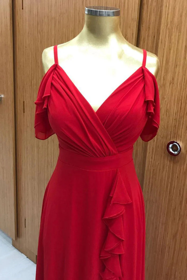 Red chiffon long prom dress red chiffon evening dress