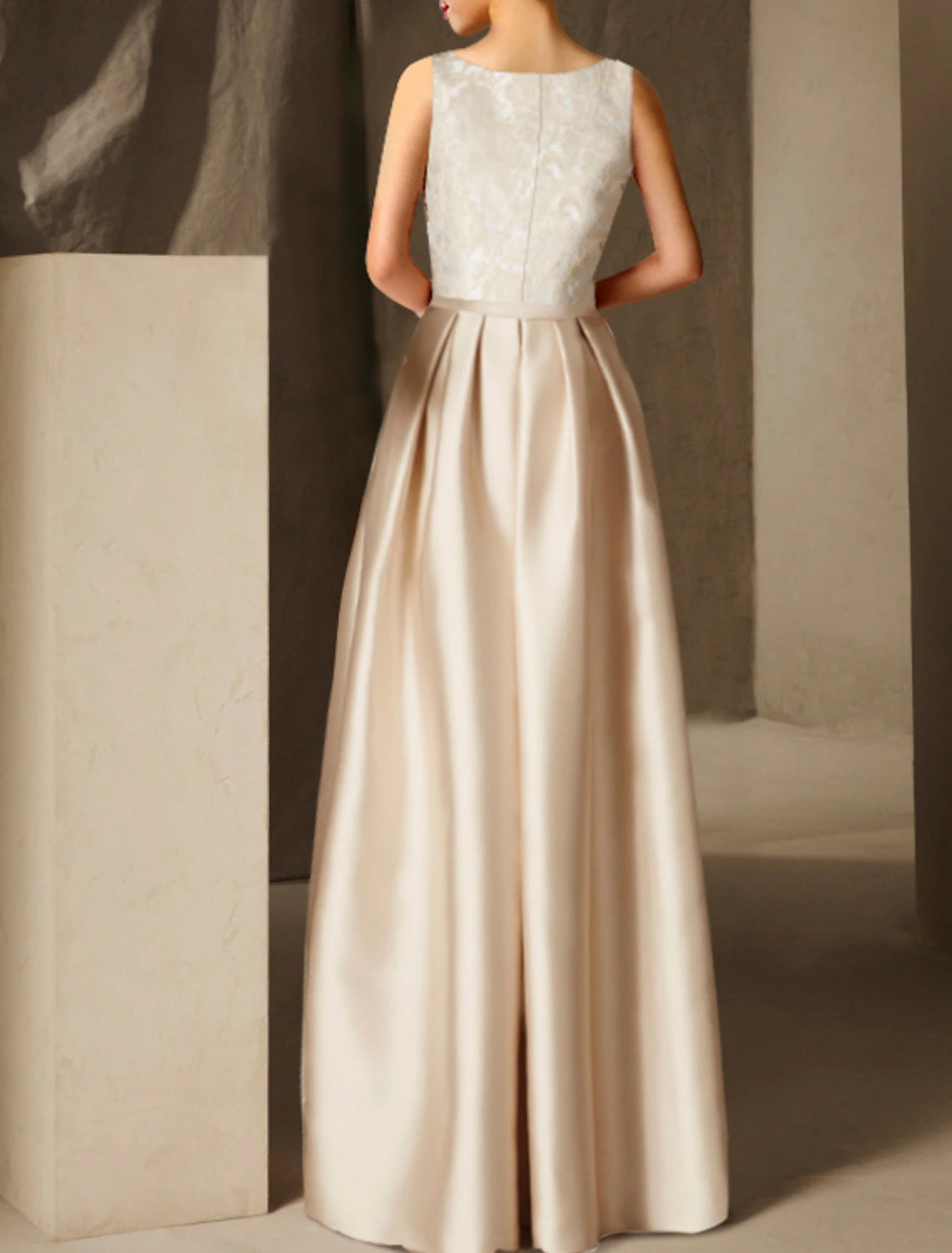 Beach Wedding A-Line Evening Gown Elegant Dress Formal Evening Floor Length Sleeveless Jewel Neck Fall Wedding Guest Satin with Sash / Ribbon Pleats Appliques