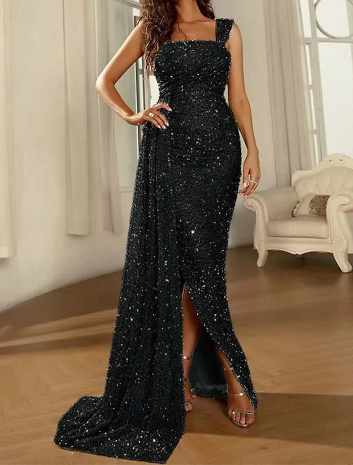 Mermaid Trumpet Evening Gown Elegant Dress Formal Evening Party Floor Length Sleeveless Square Neck Sequined with Glitter and Ruched Details Derby Dresses