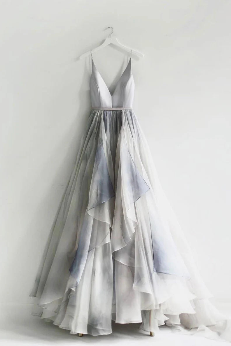 Unique v neck chiffon long prom dress chiffon evening dress