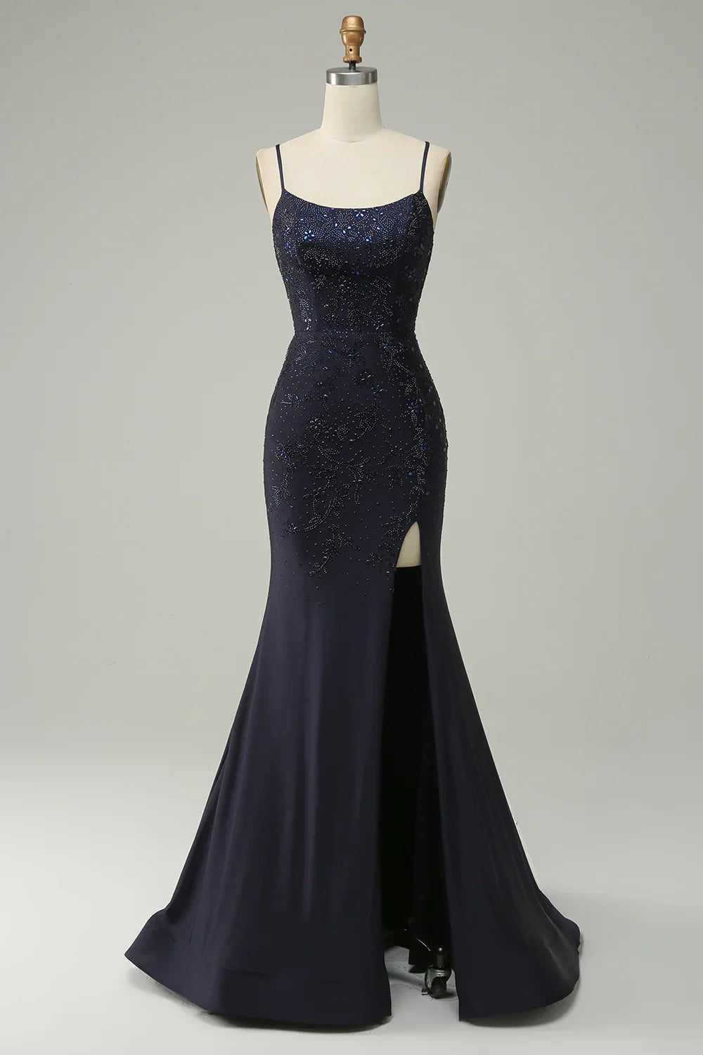 DingJiDress Navy Spaghetti Straps Beaded Mermaid Prom Dress with Split