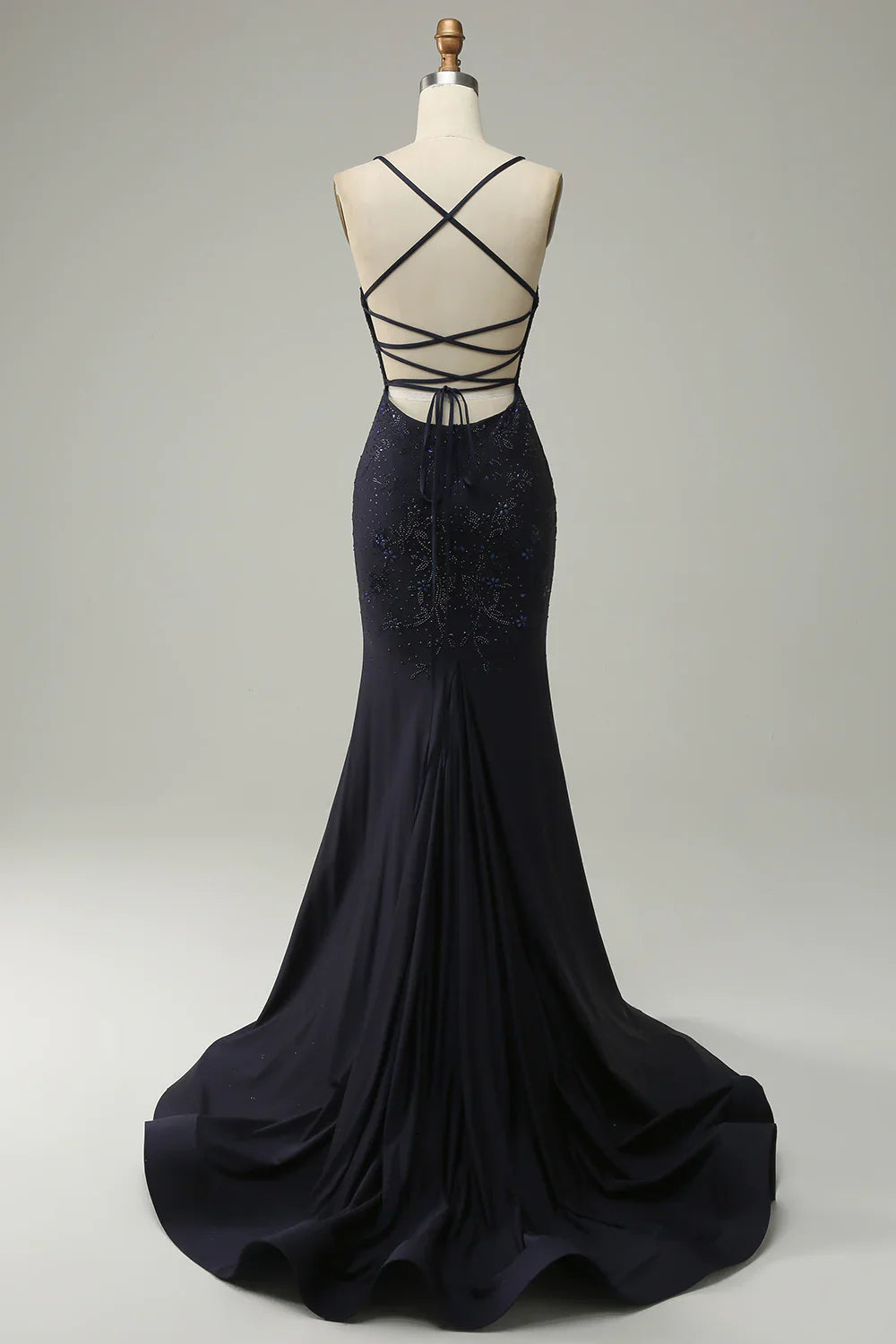DingJiDress Navy Spaghetti Straps Beaded Mermaid Prom Dress with Split