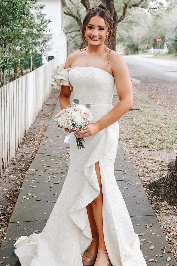 Mermaid strapless jacquard satin dance dress with slit