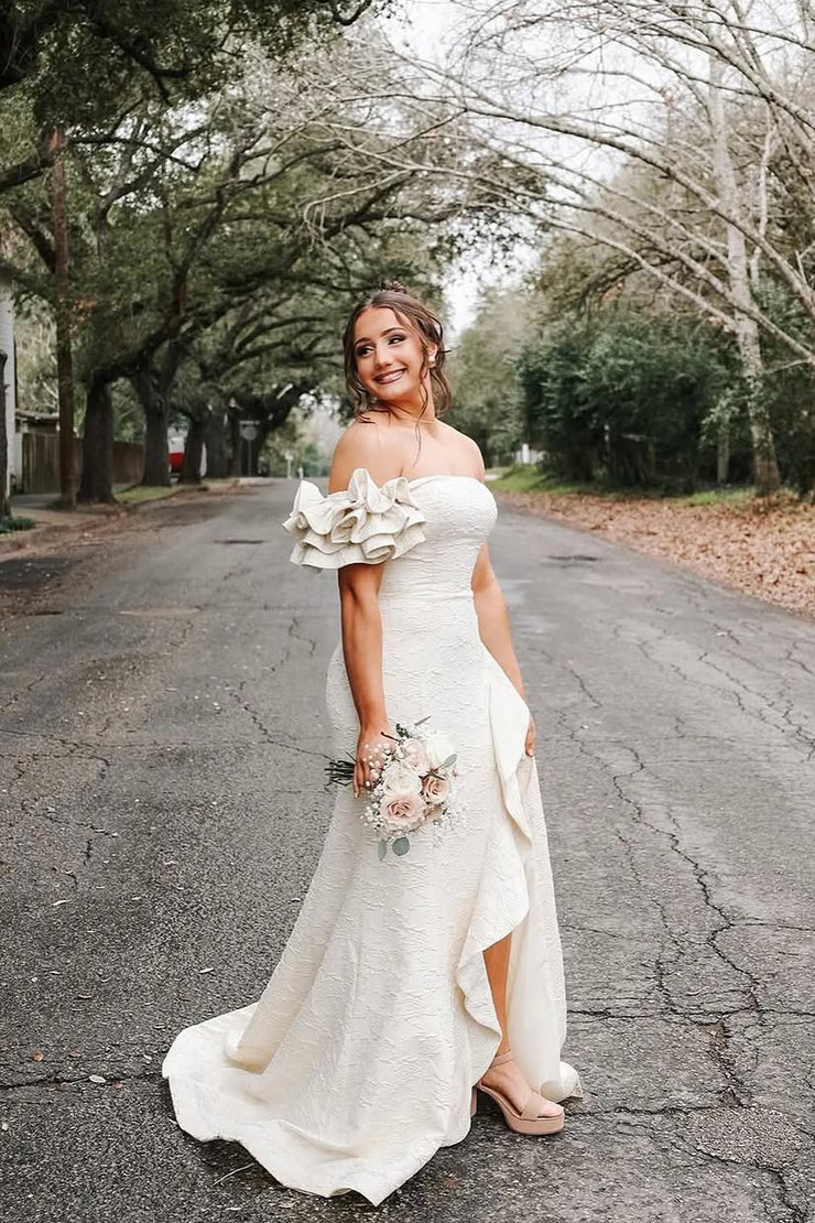 Mermaid strapless jacquard satin dance dress with slit