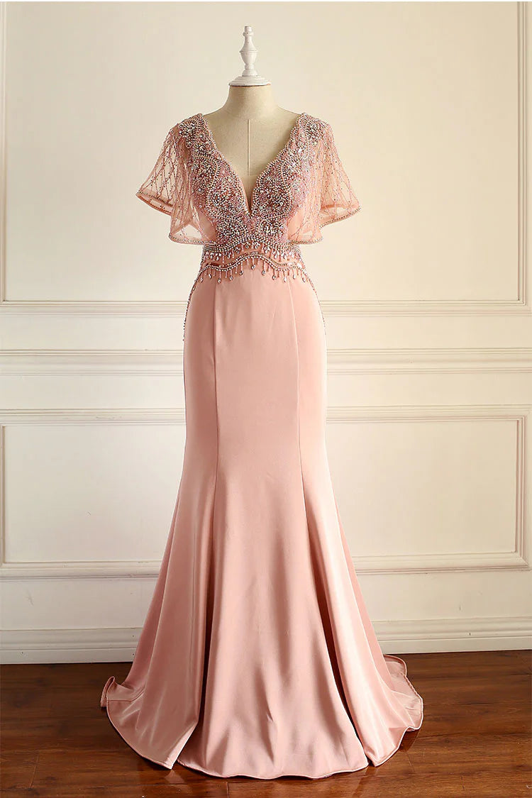Unique pink beads chiffon long prom dress  pink evening dress