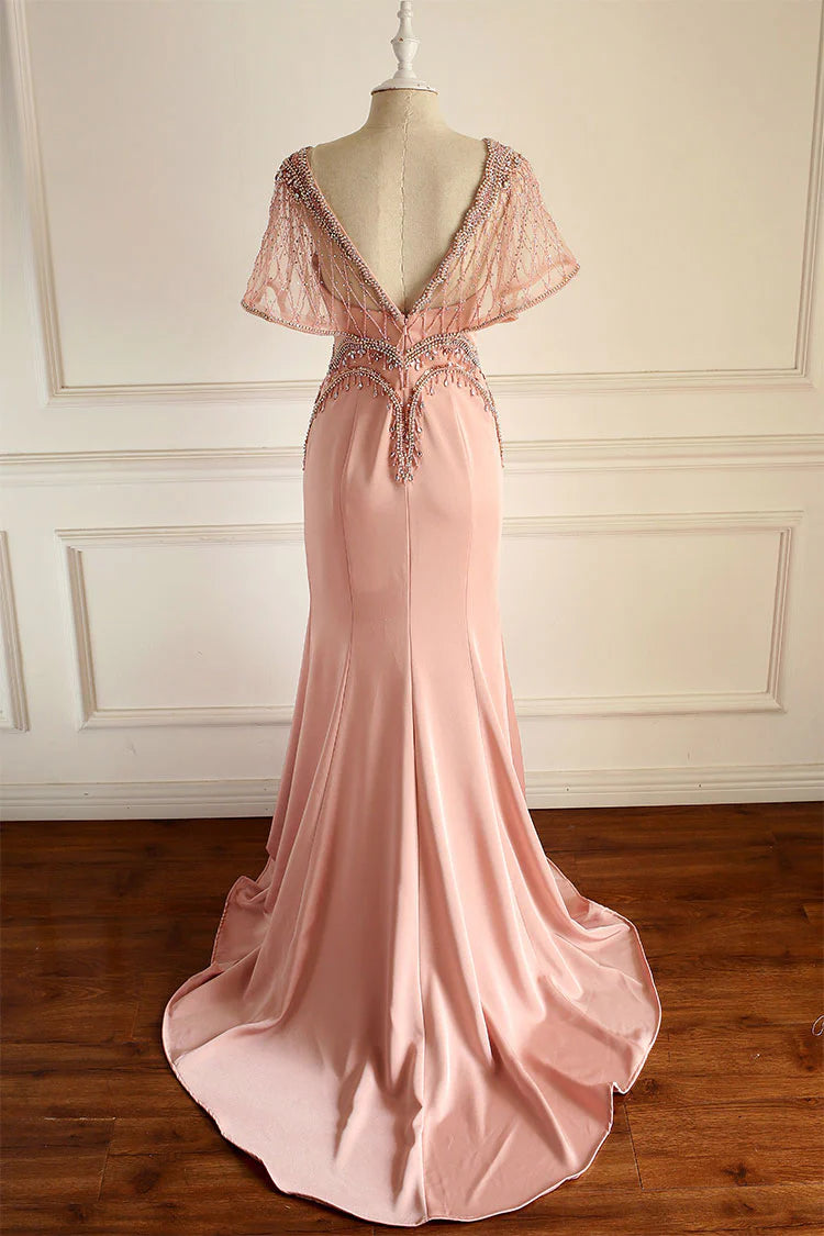 Unique pink beads chiffon long prom dress  pink evening dress